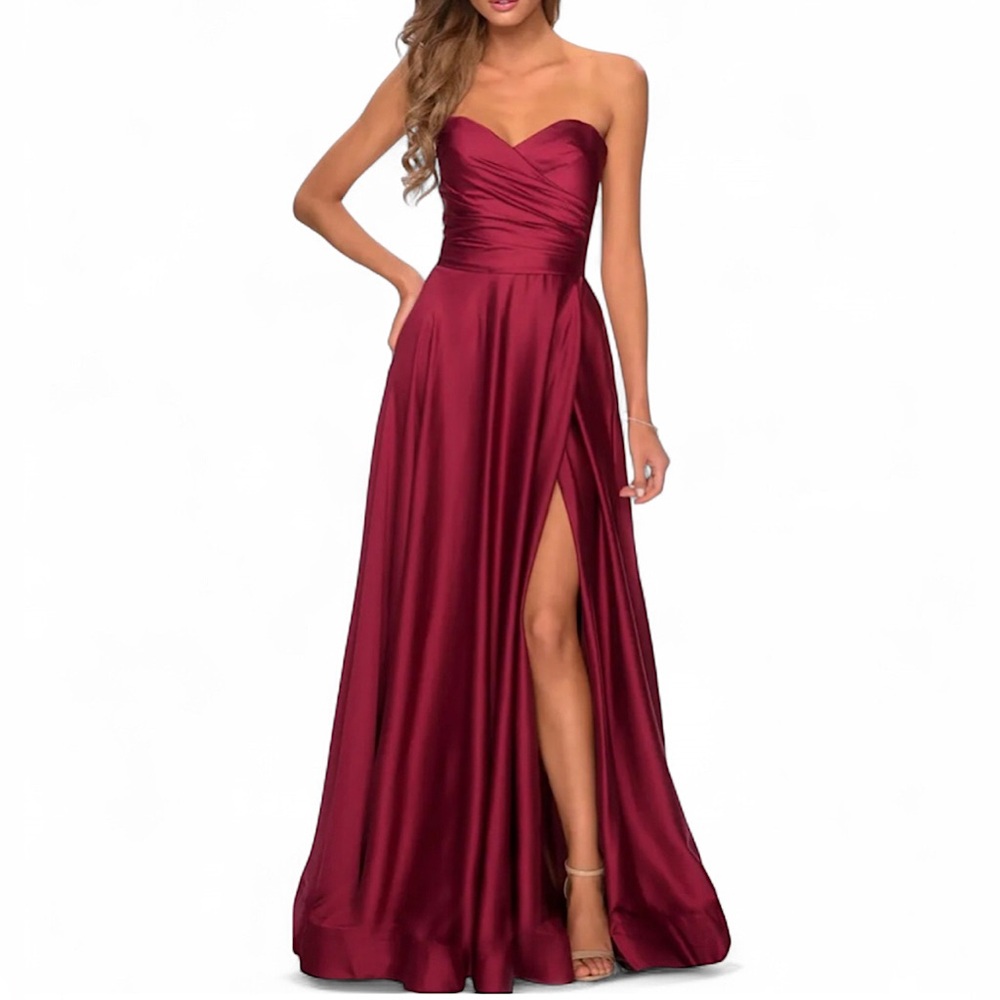 La Femme Strapless Slit Satin Ballgown, Wine, Size 10